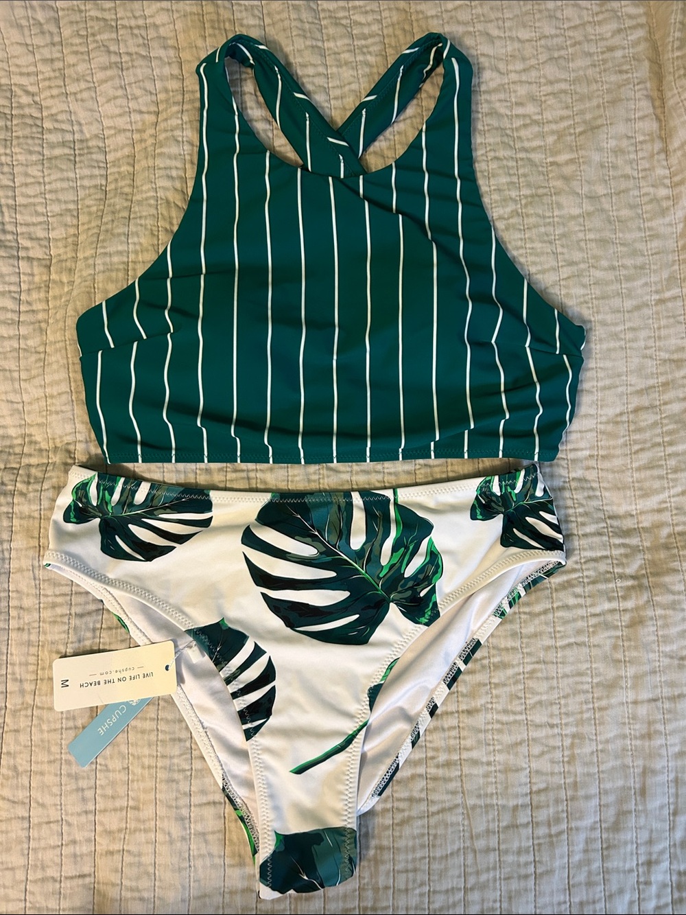 CUPSHE Green Striped Crossback Bikini Top with Tropical Leaf Bikini Bottom - SET